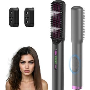 2 in 1 Steam Hair Straightener Brush, MSDS Approved 30s Fast Heat-up Electric Portable steam Straightener Brush Hot Comb with 2 Essential Oils, Reduce Frizz, Nourishes Hair, 20Min Auto Shut-Off
