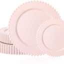 U-QE 60PCS Pink Plastic Plates - Heavy Duty Beaded Pink Disposable Plates for Party, Baby Shower, Wedding, Birthday - Serving 30 Guests Include 30PCS 10inch Dinner Plate & 30PCS 7inch Dessert Plate