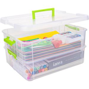 2 Layer Plastic Storage Containers with Lids, Multipurpose Clear Stack & Carry Box, Portable Craft Organizers and Storage Bin for Organizing Art & Craft, Sewing, Makeup, Nail Supplies (Green)
