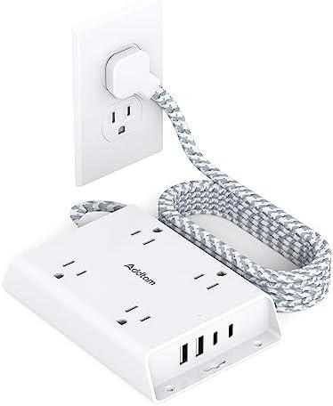 Surge Protector Power Strip, Addtam 5 ft Flat Plug Extension Cord with 4 USB Wall Charger(2 USB C Port), 4 Widely Outlets Desk Charging Station, Home Office and College Dorm Room Essentials