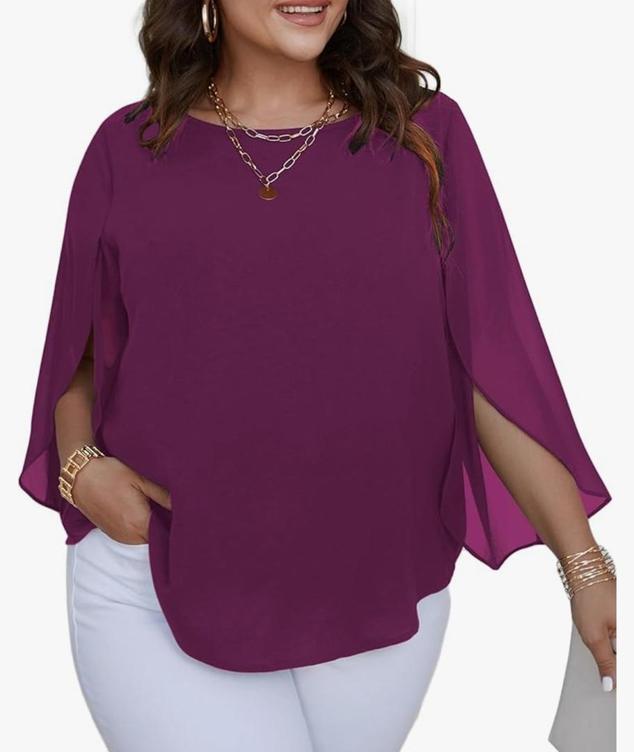 SCOMCHIC Plus Size Blouses for Women Summer Chiffon 3/4 Sleeve Tunic Tops Dressy Scoop Neck Casual Loose Flowy Shirts, 4XL