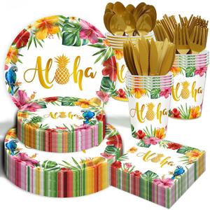 350Pcs Hawaiian Luau Party Decorations Aloha Tropical Tropical Hibiscus Floral Tableware Supplies Hawaii Palm Leaves Plates for Summer Hawaiian Birthday BBQ Pool Beach Party Supplies Serves 50 Guests