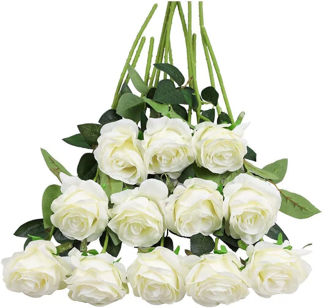 Tifuly White Roses Artificial Flowers -12 pcs Realistic Single Long Stem Fake Silk Roses Bouquet for Party Home Wedding Centerpiece Office DIY DecorOff White