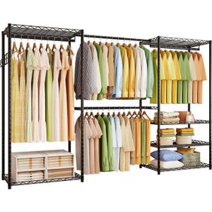 ecobedding Heavy Duty Garment Rack, 900LBS Max Load Freestanding Closet Organizer with 6 Storage Shelves & 3 Adjustable Hanging Rods, Multifunctional (Black, 15.75" D x (69.7~88.2)" W x 79.5" H)