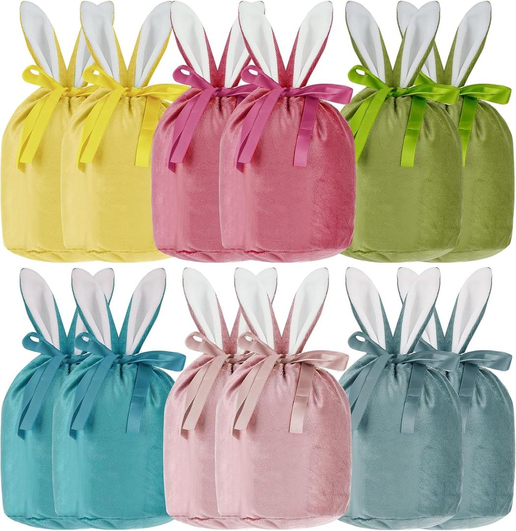 Rthjsfj 12Pcs Small Easter Bunny Drawstring Gift Bags, Reusable Rabbit Ear Velvet Bags for Candy Treat Goodies Jewelry, Holiday Party Favors Supplies (6 Color)