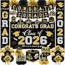 Graduation Decorations Class of 2026 Black and Gold Graduation Decorations with Congrats Grad Banner,Backdrop,Porch Sign,Balloons,Hanging Swirls,Honeycomb Centerpieces,Box for Graduation Party Decor