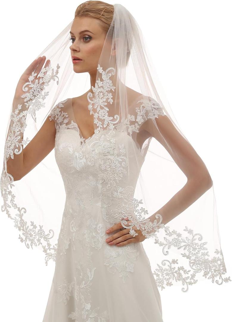 Fingertip Length Lace Edge Wedding Bridal Veil with Comb for Brides