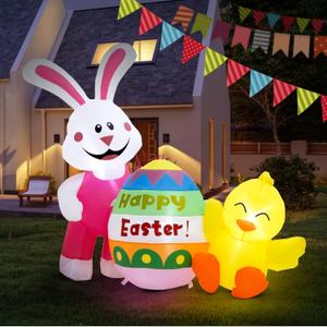Elegear Easter Inflatables Outdoor Decorations, Easter Blow Up 4.6FT Bunny Chick with Colorful Egg, Lighted Inflatable Yard Decoration for Holiday Party Indoor Garden Lawn Spring Dcor
