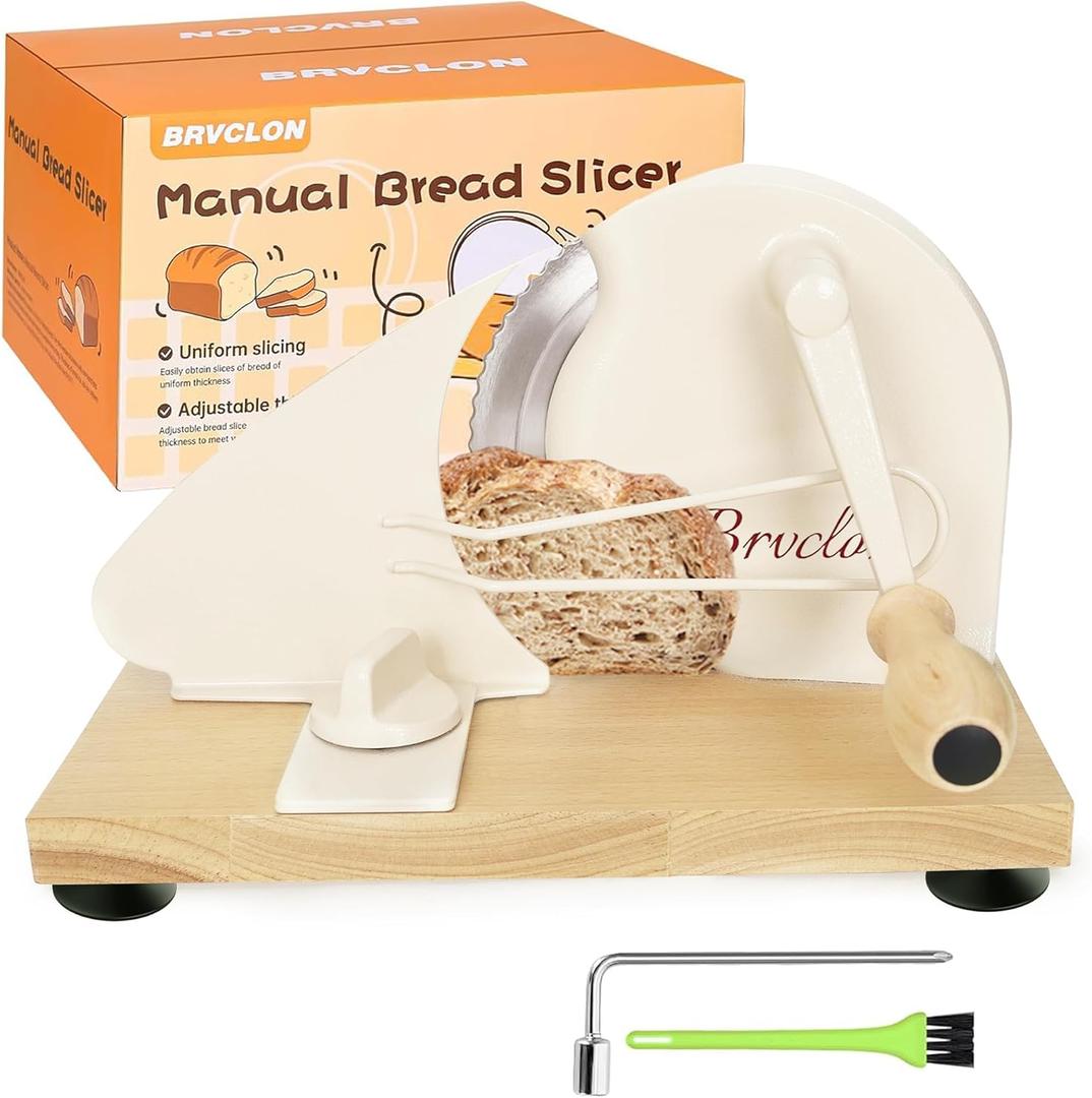 Manual Bread Slicer for Homemade Sourdough Bread, Metal Guide & Adjustable Thickness, Hand Crank Bread Slicer  Upgraded Model, Gift Packaging & Stainless Steel Blade &Solid Wood Base (Warm White)