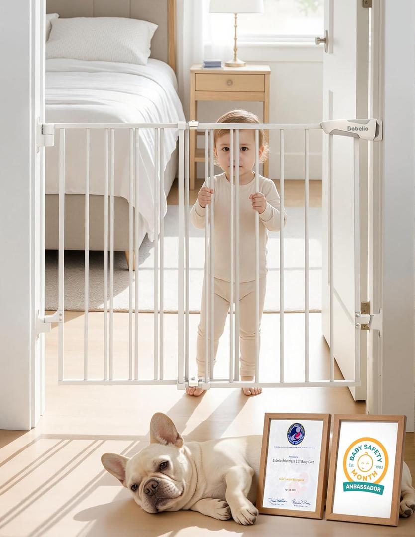 Babelio Baby Gate for Stairs, Kitchen & Doorways, No Bottom Bar| Easy Installation| One-Handed Operation| Auto-Close| Hardware Mount (Drill Needed) Safety Dog Gate (White - B17, 24-39" W, 28" H)