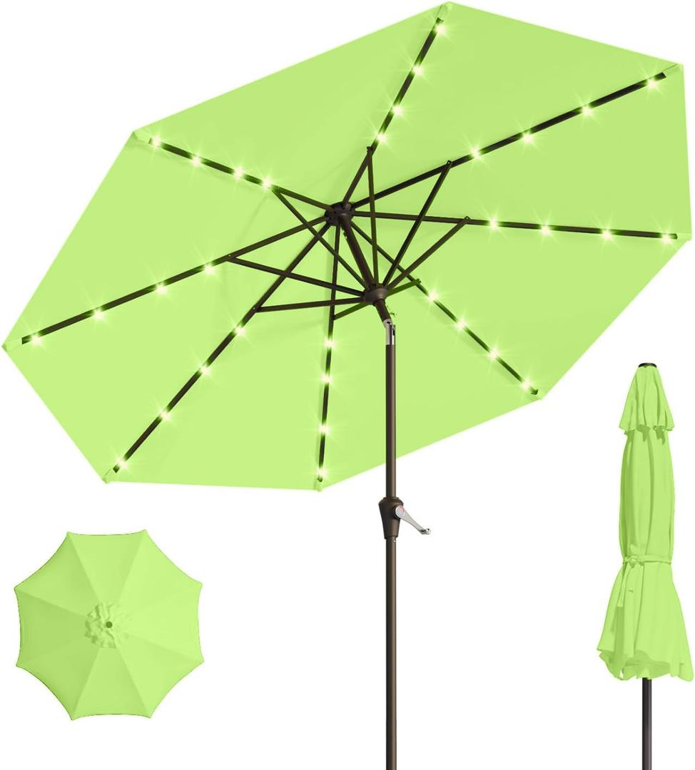 10FT Solar Umbrella 32 LED Lighted Patio Umbrella Table Market Umbrella w/Tilt and Crank, UV-Resistant Outdoor Umbrella for Pool, Garden, Deck, Apple Green