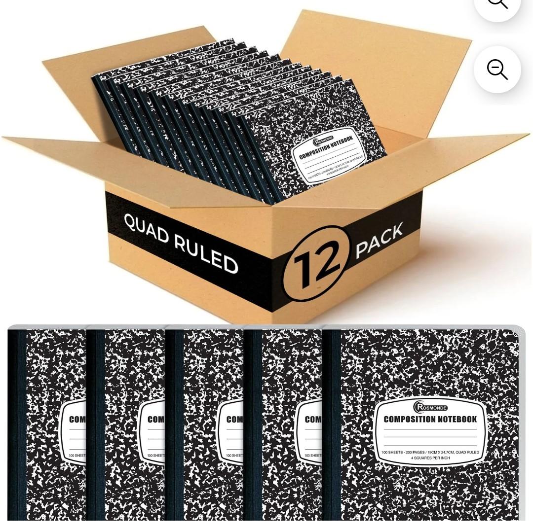 Rosmonde Graph Composition Notebooks 12 Pack, 200 Pages (100 Sheets), 4x4 Quad Ruled Grid, 9.75 x 7.5 in, Black Marble Hard Cover, Bulk Graph Notebooks for School & Math Use