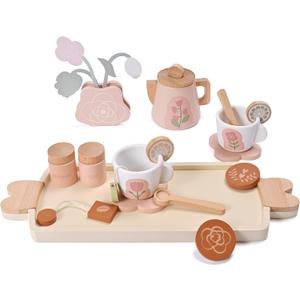 Wooden Tea Set for Little Girls, Wooden Toys, Toddler Tea Set Toy, Play Kitchen Accessories Set, Montessori Toys, Kids Play Kitchen Pretend Playset Toys for Baby Tea Party with Play Food