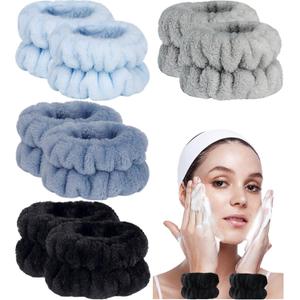 8pcs Wrist Bands for Washing Face, Absorbent Face Washing Wristbands, Microfiber Women's Spa Wrist Towels, Stretchy Wash Band for man, Prevent Water from Spilling Down Your Arms (D-Black+Gray+Blue+Cyan)