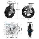 Caster Wheels, 8" Heavy Duty Industrial Casters, No Noise Rubber Wheel on Cast Iron, Set of 4 Swivel Casters with Brake (4 Pack Brake)