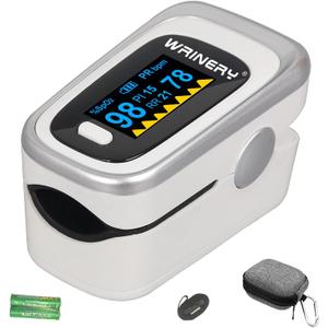 WRINERY Oxygen Saturation Monitor, Pulse Oximeter Fingertip, Oxygen Monitor, O2 Saturation Monitor, OLED Portable Oximetry with Batteries, Lanyard (Silver-White)