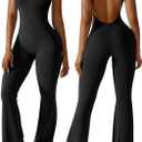 OEAK Womens Flare Jumpsuit with Bra Tummy Control Cutout Romper Workout Outfit Sleeveless Unitard One Piece Backless Bodysuit (Small, Black)
