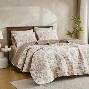 Taupe Floral Quilt Blanket Size 104x90in, Summer Cooling 3 Piece Bedding Set Pillow Case 2 pcs size 36inx20in, Machine Washable Lightweight Soft Bed Cover for All Season