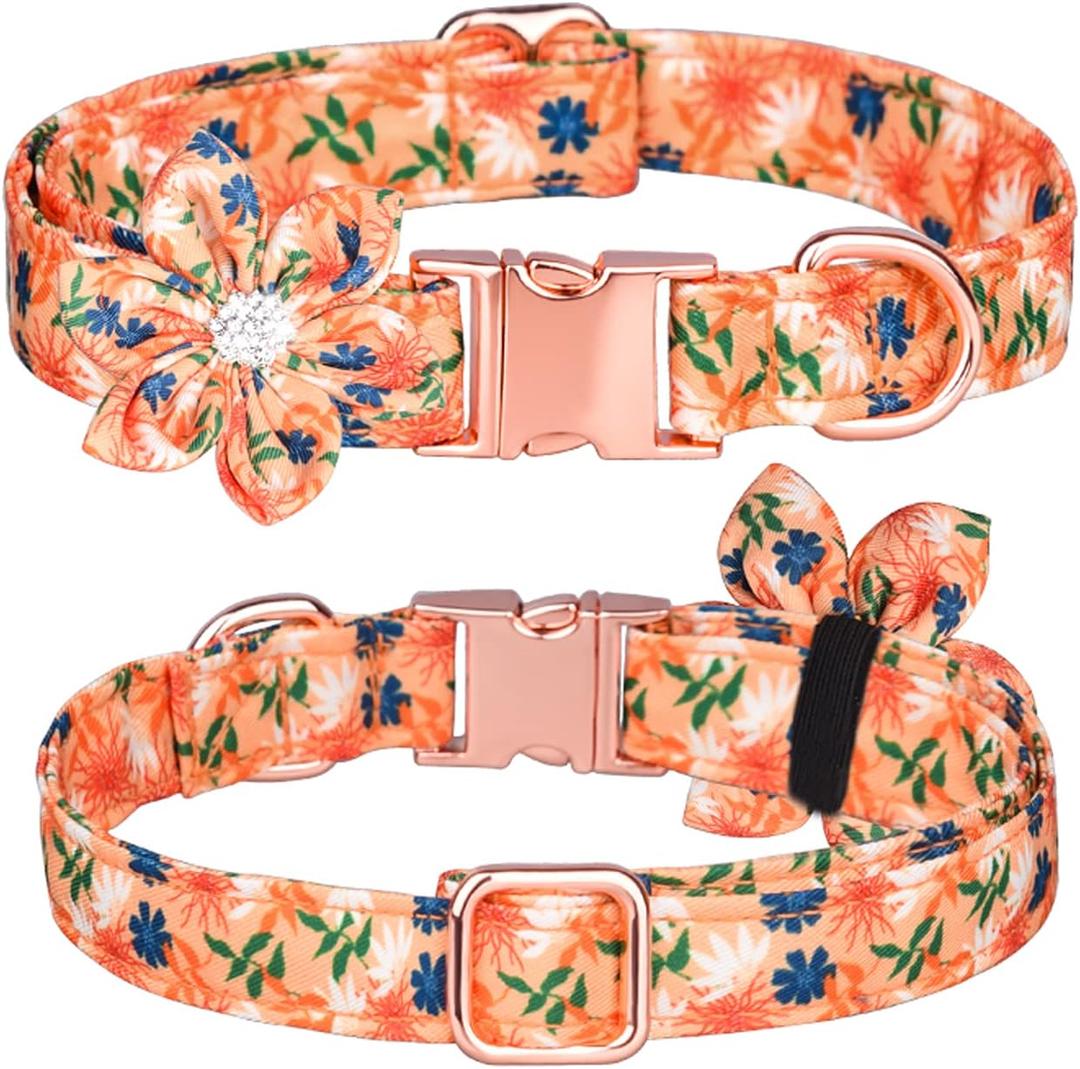 Rhinestone Dog Collar With Detachable Flower - Floral Pattern for Female Puppies, Small, Medium, Large (Orange Flowers, M)