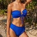 Women's Ruffle Bikini Set 2 Piece Swimsuit, Smocked Bandeau Top, High Waisted Bottom, Cheeky Coverage (Blue, L)