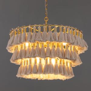 TOCHIC Boho Chandelier, 8-Light Gold Coastal Chandelier Handmade Fringe Chandelier Ceiling Light for Dining Room Living Room Round Tassel Pendant Light Fixture for Bedroom Kitchen, Foyer, Entryway