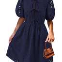 KIRUNDO Eyelet Summer Dresses for Women 2025 Short Sleeve Tie Front Babydoll A Line Wedding Guest Beach Vacation Sundress(Navy, Large) (Blue, XL)