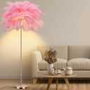 Feather Floor Lamp for Living Room, Fluffy Ostrich Feathers Lamp, Rose Gold Color Body, 3 Color Temperatures Modern Funky Arc Tall Standing Lamp for Bedroom Inclued Bright LED Bulbs (Pink)
