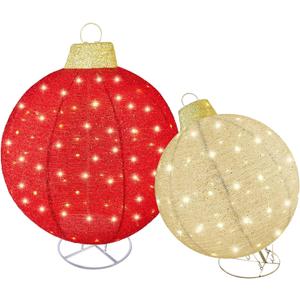 HOYECHI 2pc Lighted Pop-Up Outdoor Christmas Ornament Set Holiday Ball Decorations with 200 LED Lights, 8 Lighting Modes, for Yard & Outdoor Christmas Decor - Red/Gold, 2 oversized (38in and 30in) christmas ball ornaments