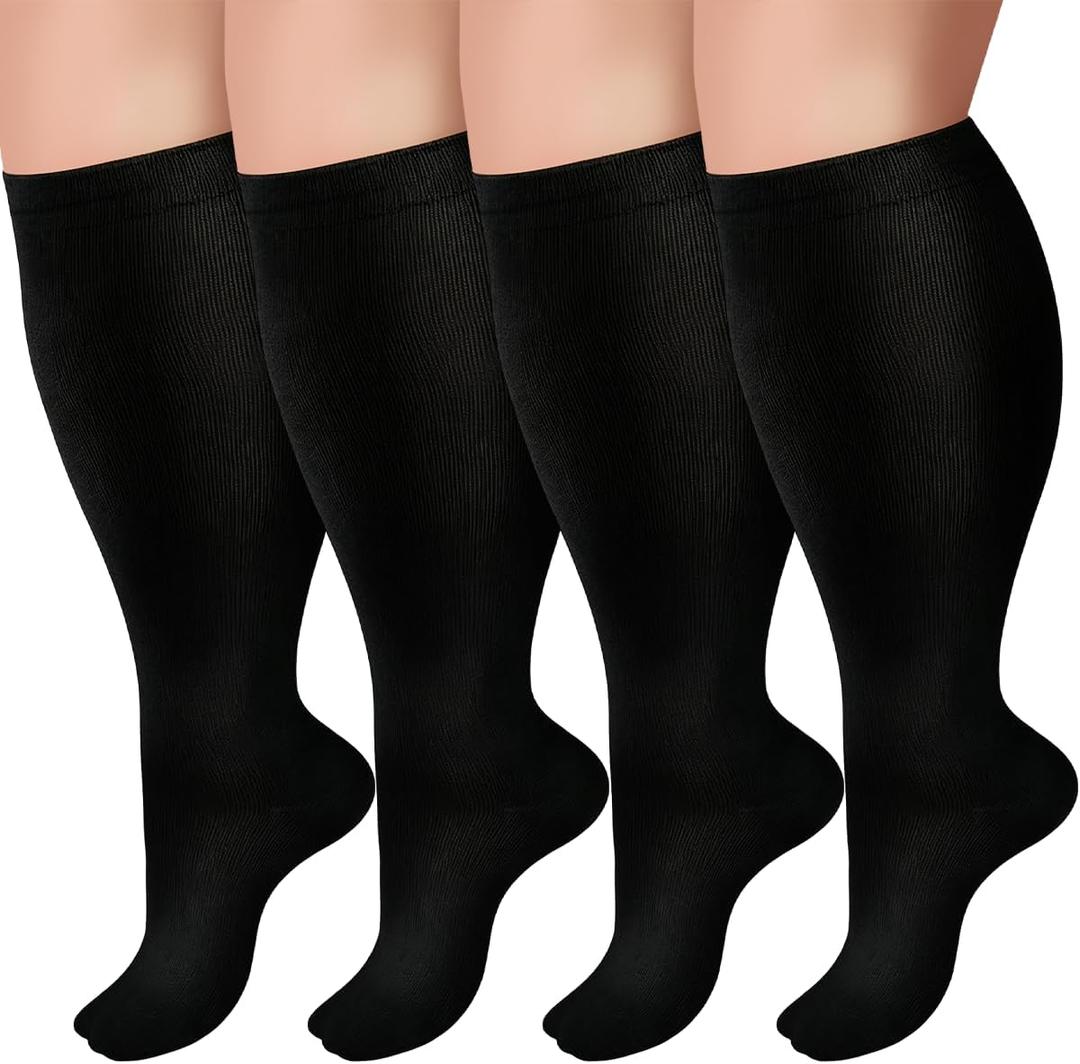 4 Pairs Plus Size Compression Socks for Women Men Wide Calf, Large Knee High Support Stockings for Circulation, Prevent Swelling, All Day Comfort, for Pregnant Nurse Exercise Travel, 20-30 mmHg, Size 4XL