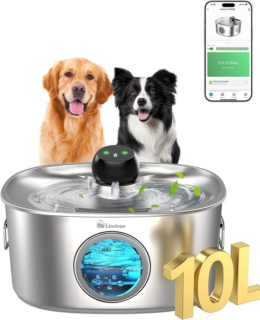 10L/2.64Gal Dog Water Fountain for Large Dogs, Automatic Dog Water Bowl Dispenser with APP 2.4G WiFi, Multi-Filtered Stainless Steel Cordless Pet Water Dispenser for Multi-Pet Home