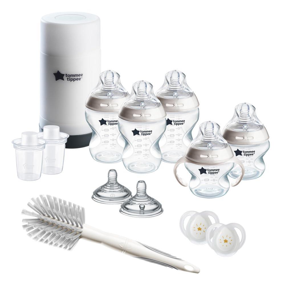 Tommee Tippee Natural Start Ready for Baby Bottle Set, 5oz & 9oz Self-Sterilizing Baby Bottles, Slow & Medium Flow Breast-Like Nipples with Anti-Colic Valves, 0-6 month pacifiers, Travel Bottle Warmer (Clear)