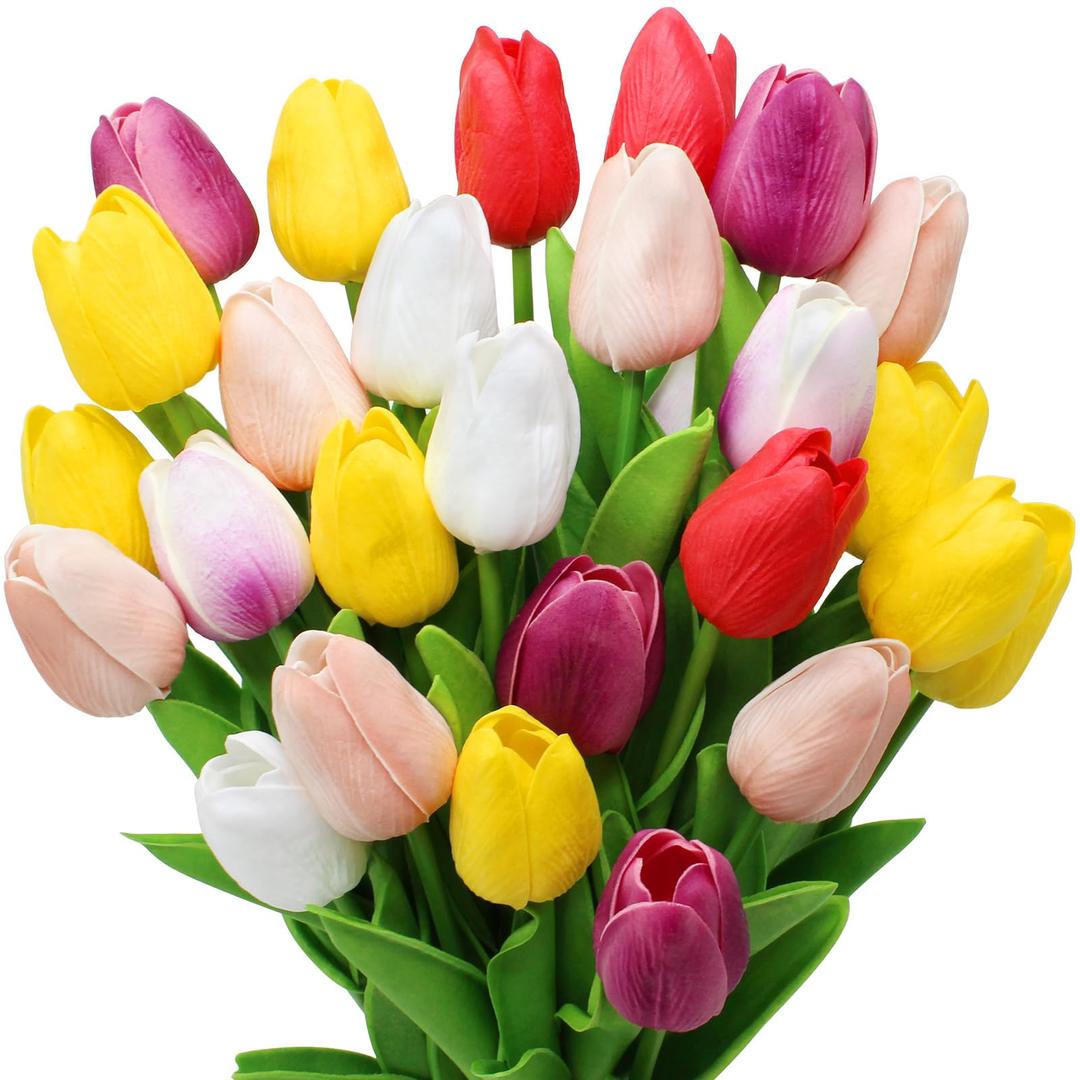 Pseutio 28pcs Multicolor Flowers Artificial Tulip Stems Real Feel PU Tulips for Easter Spring Wreath Wedding Bouquet Centerpiece Floral Arrangement Cemetery Table Décor 13" Tall