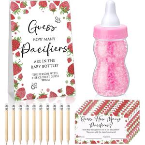 Roowest 512 Pcs Baby Shower Games Guess How Many Pacifiers Sign 100 Small Guessing Games 10 HB Pencils 750ml Milk Bottle 400 Acrylic Pacifiers Decoration for Guest Gender Reveal (Pink,Strawberry)