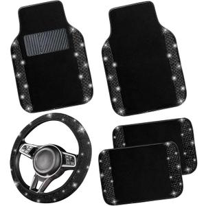 NBTEPEM Bling Car Floor Mats Full Set and Steering Wheel Cover, Universal Fit Most Cars, 4 pcs Sparkle Glitter Diamond Carpet, 5 pcs Bling Car Accessories Set for Women (Black Diamond)