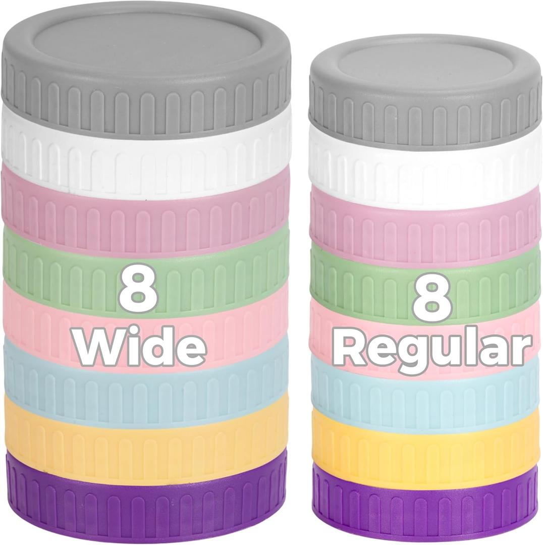 [16 Piece]8 Wide Mouth + 8 Regular Mouth Mason Jar Lids, Multi Color Plastic Lids for Mason Jars with Silicone Rings, Thickened Leak-Proof Canning Lids Regular Wide Mouth (2.76-inch (70mm) and 3.38 inch (86mm))