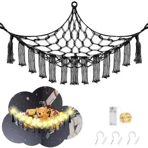CERETIA Stuffed Animal Hammock with LED Light, Large Stuffed Animals Storage Corner Plushie Net for Kids Room Decor, Black