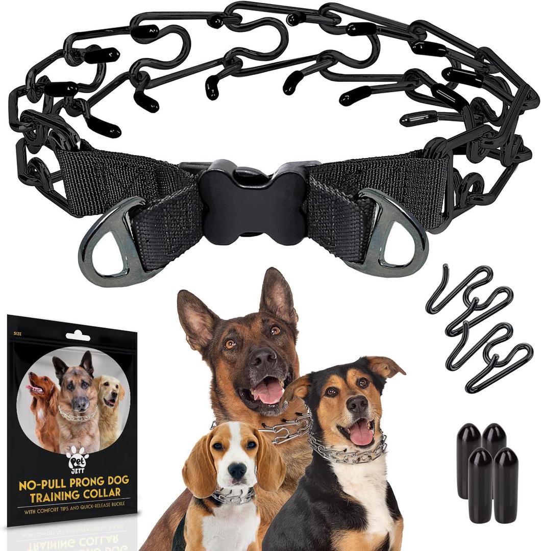 PetJett Prong Collar for Dogs - Choke Collar for Dogs, Pinch Collar for Dog Adjustable Dog Training Collar for Small Medium Large Breed - No Pull Safety Stainless Steel Metal Choker Chain Walking Tool (Large: 18 - 20" / 70 lbs, Full Black)