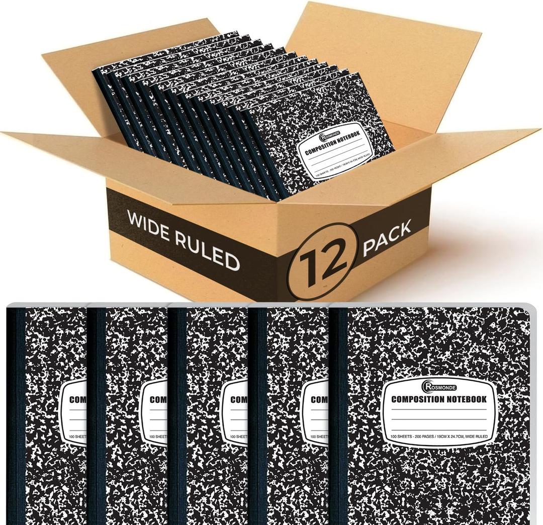Rosmonde 12 Pack Composition Notebook Wide Ruled Bulk, 200 Pages (100 Sheets), 9-3/4 x 7-1/2", Hard Cover Wide Ruled Notebook Bulk, Black Marble Composition Notebooks, Bulk School Notebooks