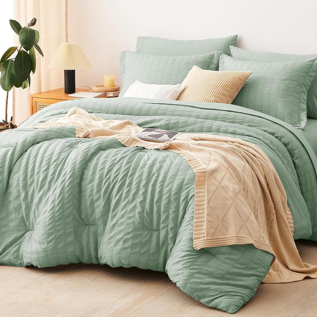 CozyLux Queen Comforter Set Sage Green Seersucker 7 Pieces Bed in a Bag Queen Comforter Set with Sheets Luxury Soft Bedding Set with Down Alternative Comforter, Sheets, Pillowcases & Shams All Season