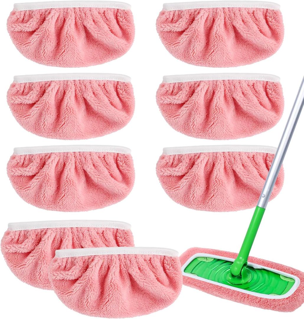 8Pcs Reusable Microfiber Mop Pads Compatible with Swiffer SweeperDry Sweeping Cloths & Wet Mopping Cloths Washable Wet Pads for Hardwood Surface Floor Cleaning (Pink- 8pcs Coral Fleece)