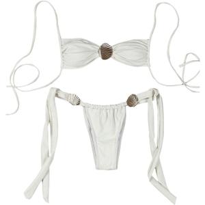 SHENHE Women's Cheeky Two Piece String Bikini Set Shell Ring Ruched Brazilian Thong Swimsuits (White), Small