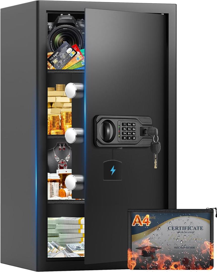 6.5 Cuft Large Fireproof Safe, Home Safes with Fireproof and Waterproof Bag, Digital Security Document Safe with 3 Removable Shelves, Programmable Keypad and Led Light, for Money Jewelry Valuables