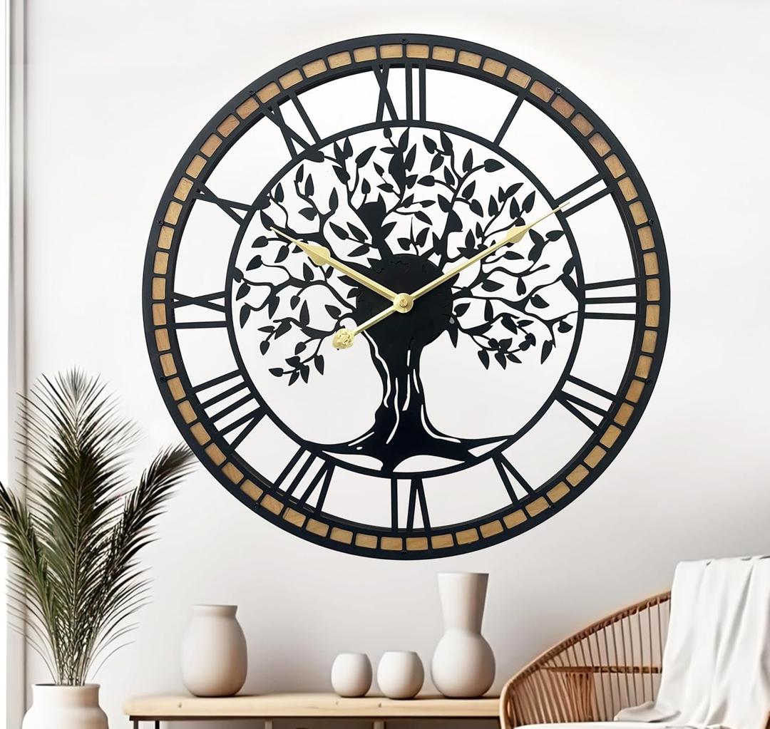 Large Wall Clock for Living Room Decor 18 Inch Tree of Life Metal Wall Art - Oversized Non-Ticking Battery Operated Silent Clock for Kitchen/Bedroom Home Decor (Roman Numeral)