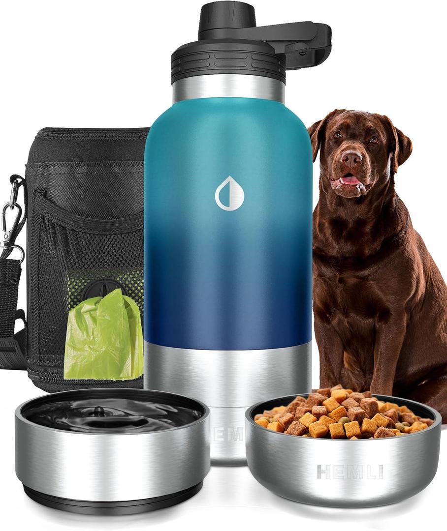 Dog Water Bottle Insulated Dog Travel Water Bottle Stainless Steel Pet Water Bottle Dispenser Portable Food and Water Bowl for Dogs with Carrying Case for Walking Dog Travel Kit (Green Blue, 32 oz)