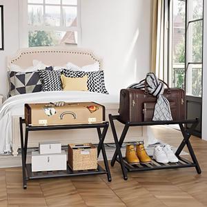 Set of 2 Fully Assembled Luggage Rack for Guest Room, 5 Straps Bamboo Suitcase Stand with Shoe Shelf, 26.77" Wide Foldable Luggage Holder for Bedroom, Hotel, Black