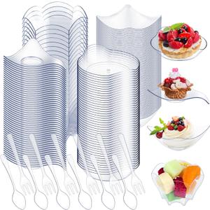 Tessco 800 Pcs Mini Appetizer Plates Set Including 400 Disposable Dessert Plates Assorted Shape 200 Mini Plastic Forks 200 Plastic Spoons for Party(Clear,Stylish)