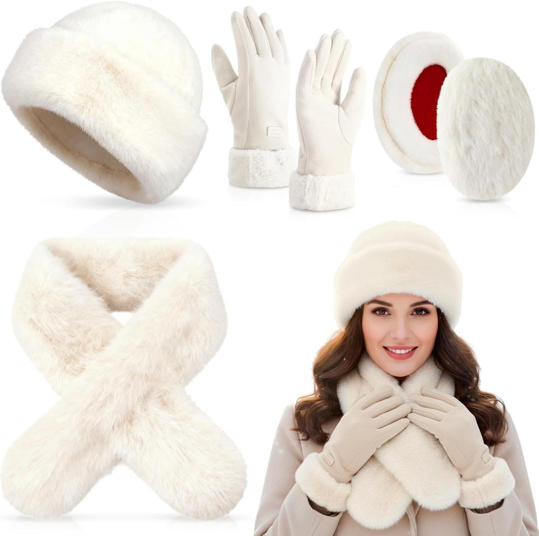 Mepase 4 Pcs Women Winter Faux Mink Fur Mongolian Hat with Faux Fur Collar Scarf Earmuffs and Touch Screen Gloves Set (Cream)