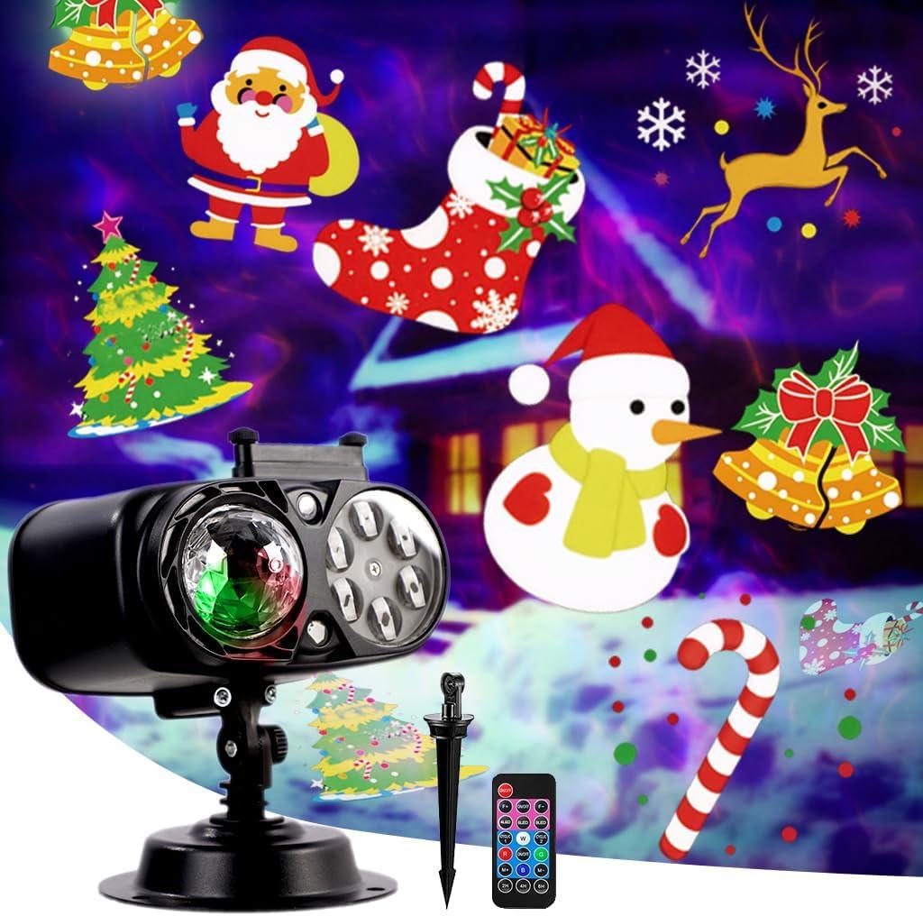 2025 Upgrade Brighter Christmas Projector Lights Outdoor with Remote Control Timers 2-in-1 Moving Patterns Landscape Lights,3D Ocean Wave Projection Light for Xmas Halloween Party Decorations