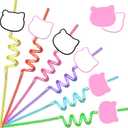 AMFZON 24 Kitty Birthday Party Favors Reusable Plastic Cat Drinking Straws 6 Designs for Kids Party Goodie Bags Stuffers Supplies