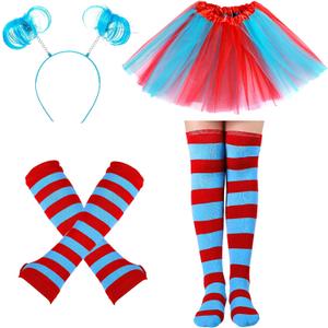 Hicarer 4 Costume Set for Women Include Red Blue Tulle Tutu Skirt Striped Socks Stretchy Gloves Ponytails Headband (Kids)